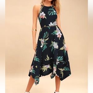 Navy Tropical Print Midi Dress